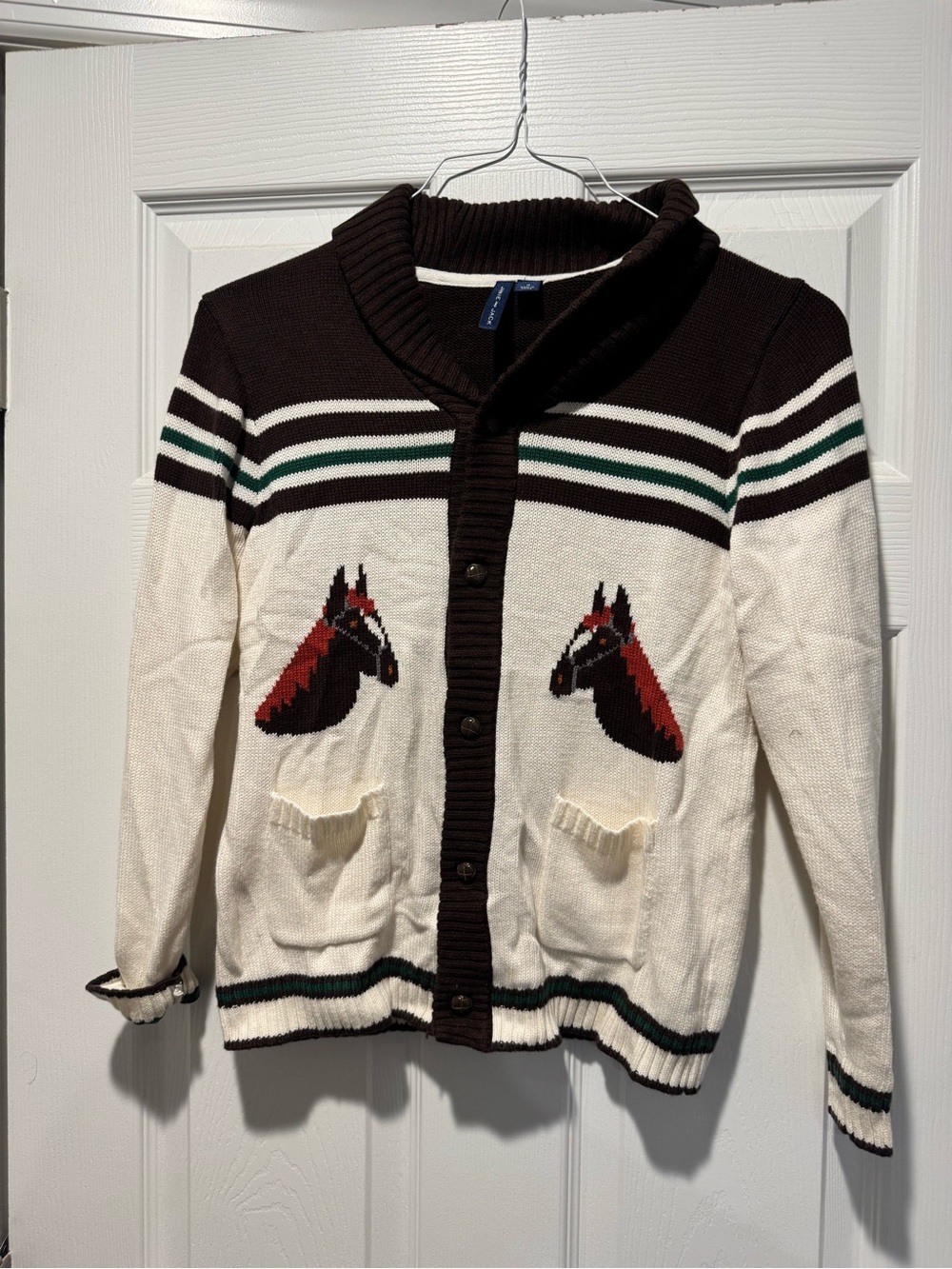 Janie and Jack Brown & Cream Shawl Collar Horse Intarsia Cardigan
